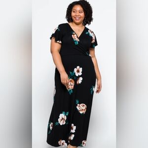 Loveappella 3x black floral short sleeve maxi dress
